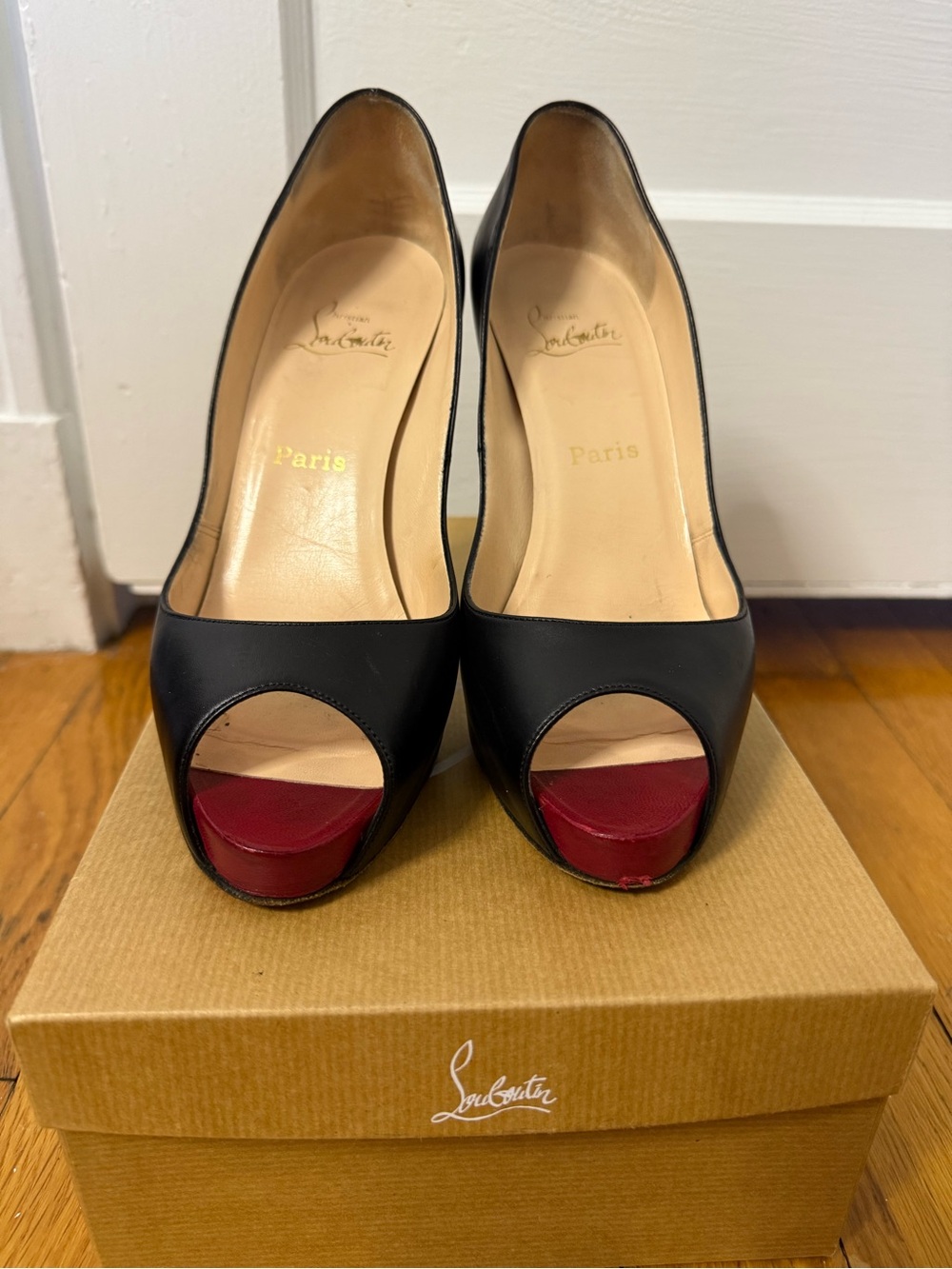 Christian Louboutin Black Leather Peep-Toe Pumps with Red Accent